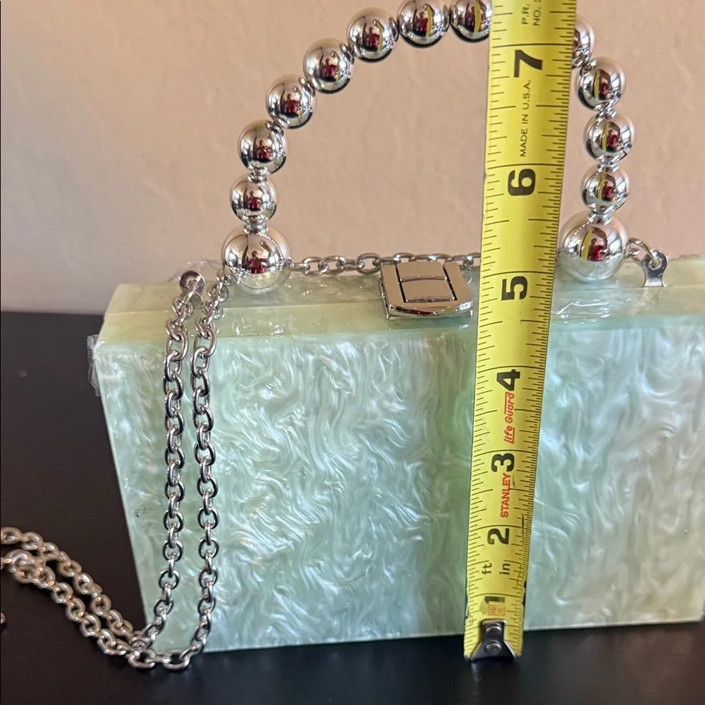 ASOS DESIGN marble resin clutch/ crossbody silver tone beaded handle Mint NEW